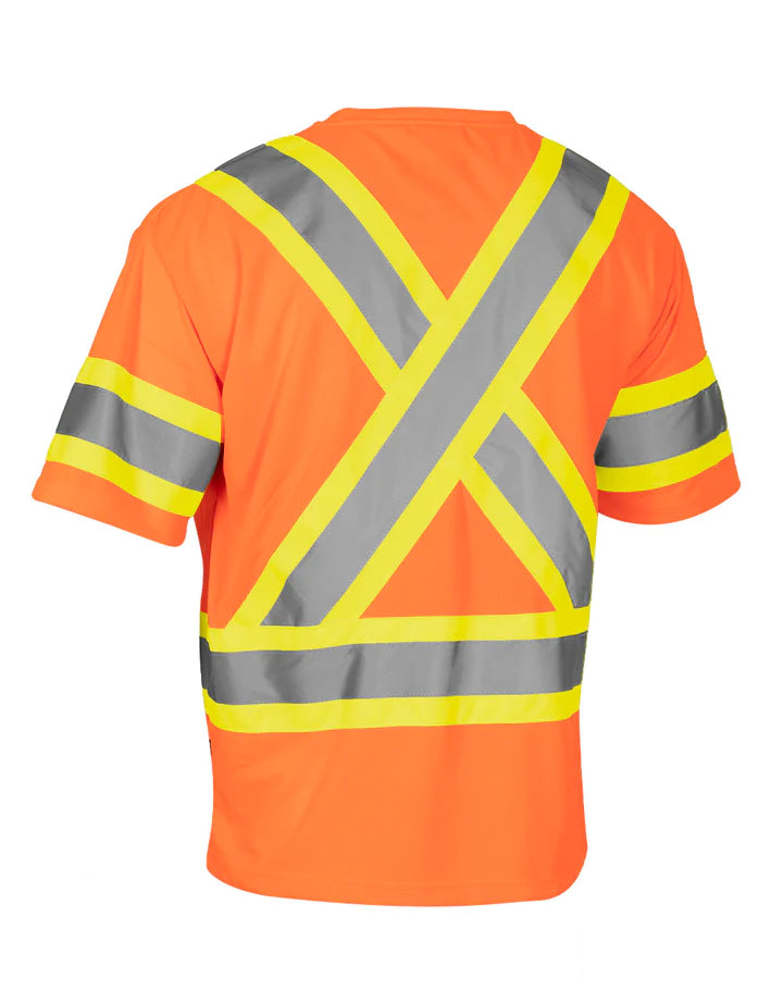 Hi Vis Crew Neck Short Sleeve Safety Tee Shirt with Chest Pocket and Arm Bands by Forcefield