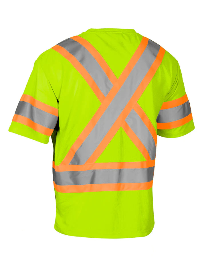 Hi Vis Crew Neck Short Sleeve Safety Tee Shirt with Chest Pocket and Arm Bands by Forcefield