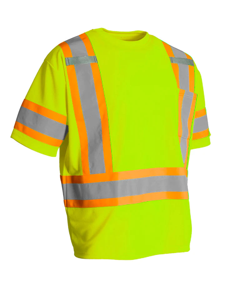 Hi Vis Crew Neck Short Sleeve Safety Tee Shirt with Chest Pocket and Arm Bands by Forcefield