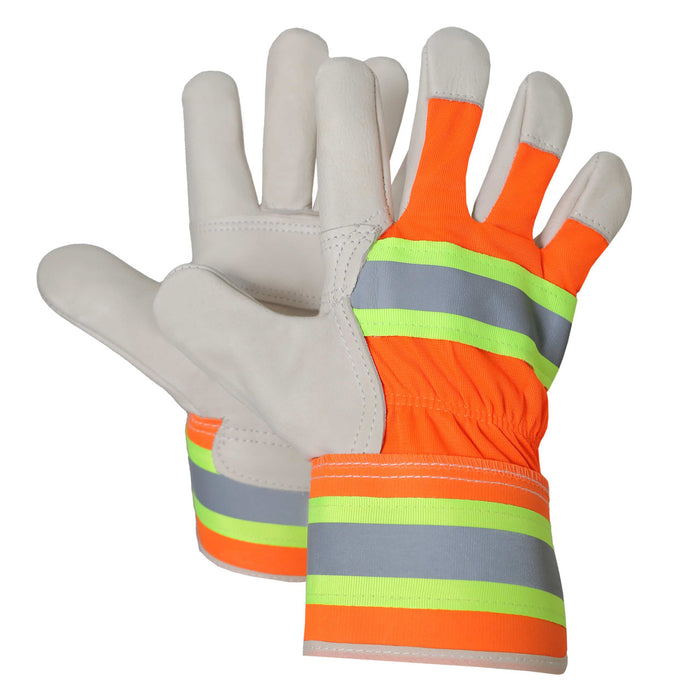 Grain Leather Work Glove With Hi-Vis Reflective Striping - Style 90-049