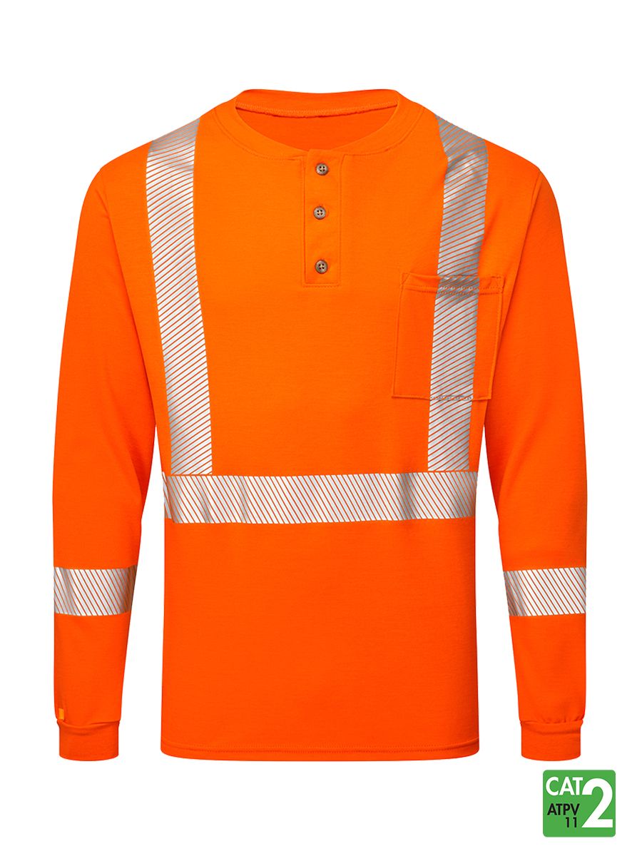 Hi Vis Orange Front Line Fabric 6.9 oz. Long Sleeve Henley w/Segmented Striping by IFR Workwear– Style 662